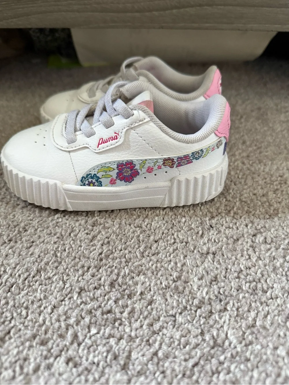 Puma Kids White Sneakers with Pink Logo Accents